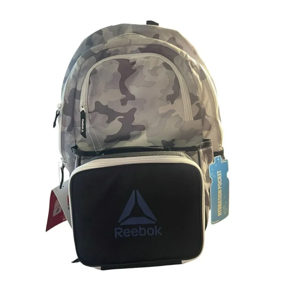 NWT Reebok Kids Light Gray Camo Detachable Lunch Bag 15L Riley Backpack